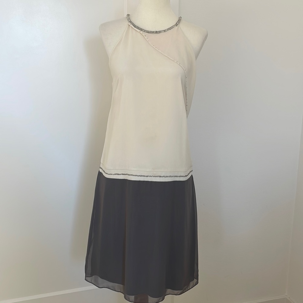 Beaded Neckline Beige & Grey Flow Dress